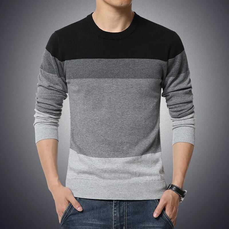 Men's Sweater O-Neck Striped Slim Fit Knittwear Mens Sweaters Pullovers Jumper - Picture 14 of 16