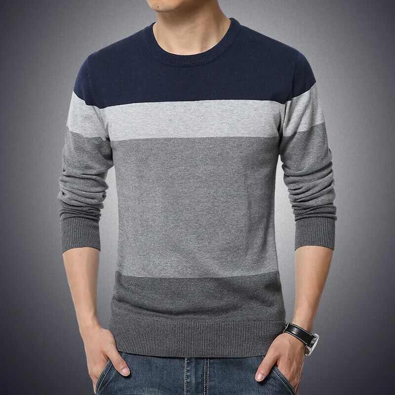 Men's Sweater O-Neck Striped Slim Fit Knittwear Mens Sweaters Pullovers Jumper - Picture 15 of 16