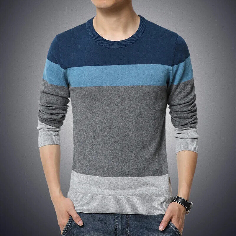 Men's Sweater O-Neck Striped Slim Fit Knittwear Mens Sweaters Pullovers Jumper - Picture 16 of 16