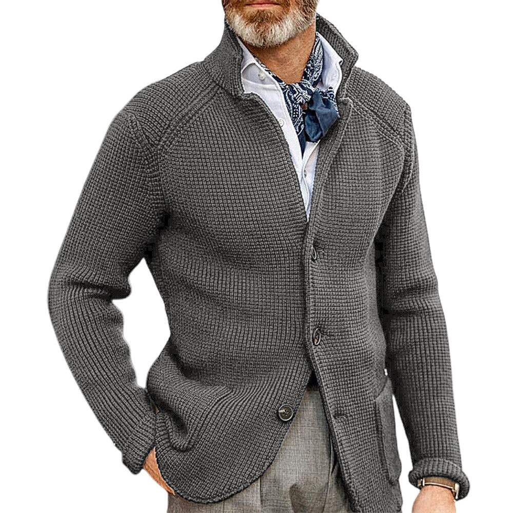 Casual Blazer Style Retro Knitted Cardigan for Men, Collared and Fitted Design - Picture 20 of 21