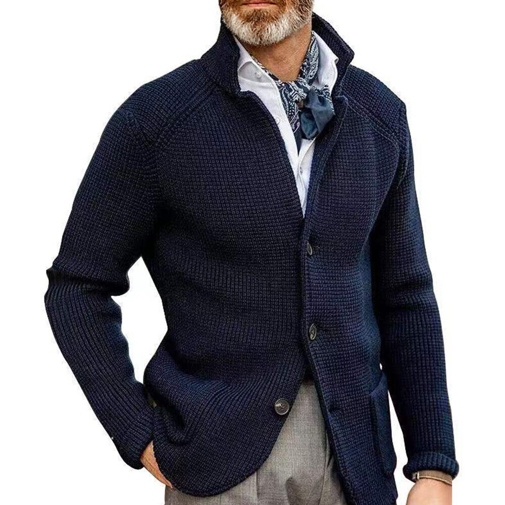 Casual Blazer Style Retro Knitted Cardigan for Men, Collared and Fitted Design - Picture 18 of 21