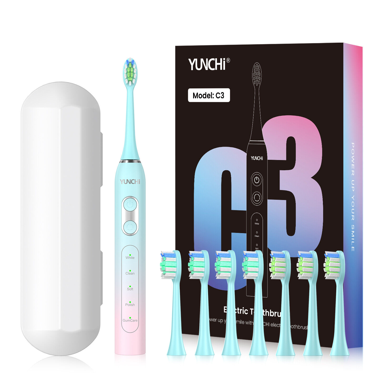 YUNCHI Gradient Color Electric Toothbrush with 8 Brush Heads and Toothbrush Box