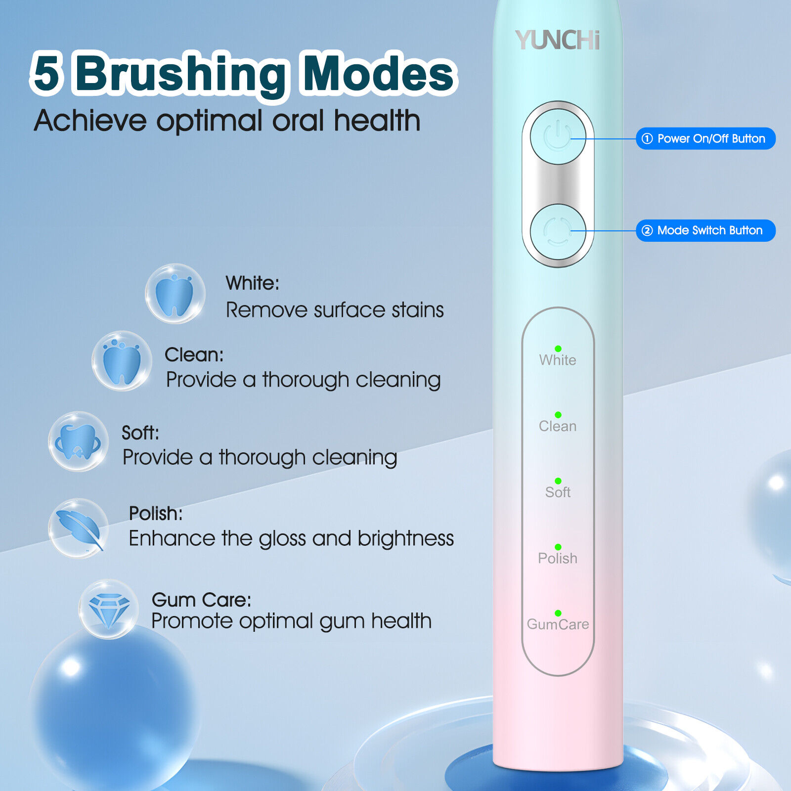 YUNCHI Gradient Color Electric Toothbrush with 8 Brush Heads and Toothbrush Box