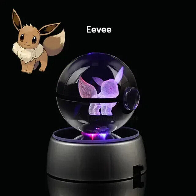 Pokemon 3D Crystal Glass Pokeball Orb and LED Light Stand Perfect Kids Gift