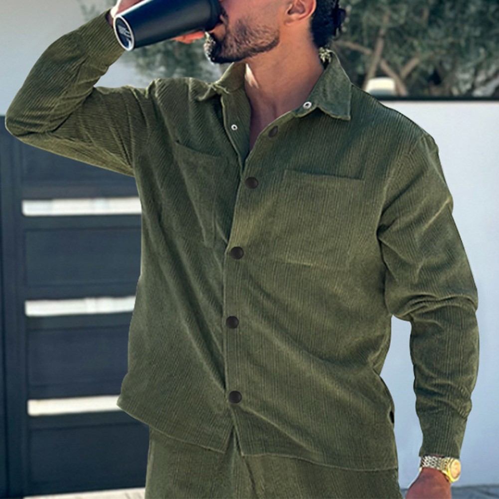 Coat Button Down Cardigan Casual Blouse Corduroy Lapel Long Sleeve Men Shirts - Picture 31 of 58