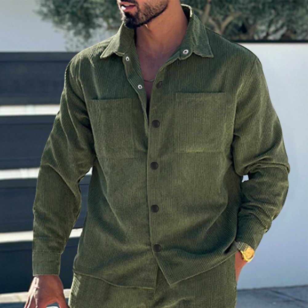 Coat Button Down Cardigan Casual Blouse Corduroy Lapel Long Sleeve Men Shirts - Picture 24 of 58