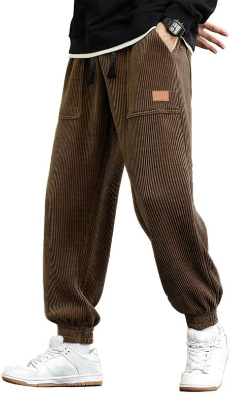 Mens Corduroy Joggers Pants Cargo Drawstring Elastic Waist Tapered Sweatpants