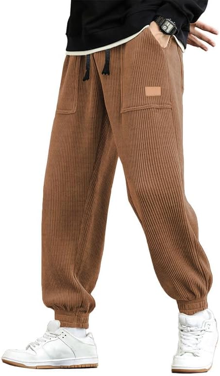 Mens Corduroy Joggers Pants Cargo Drawstring Elastic Waist Tapered Sweatpants