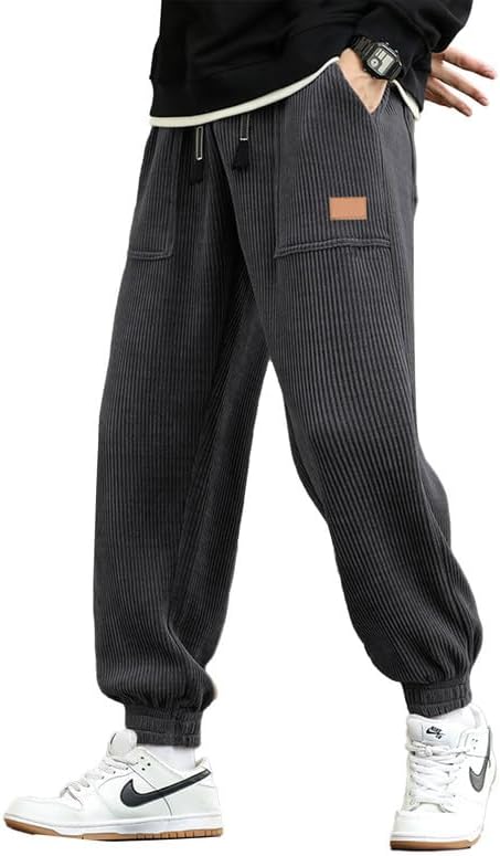 Mens Corduroy Joggers Pants Cargo Drawstring Elastic Waist Tapered Sweatpants