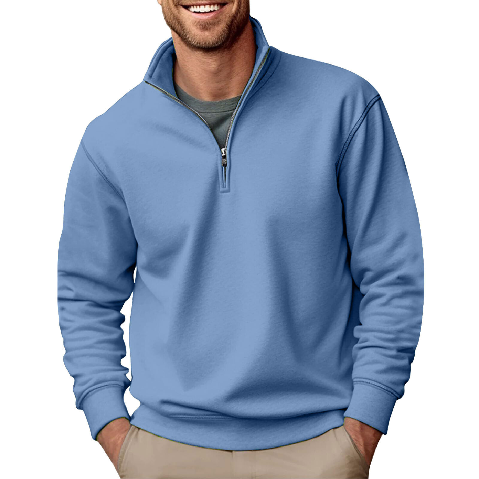 Men's Quarter Zip Pullover Long Sleeve Sweatshirts Mock Neck Cotton Solid Shirts - Picture 20 of 54