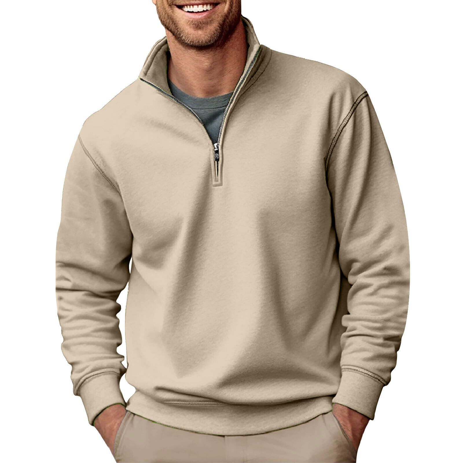 Men's Quarter Zip Pullover Long Sleeve Sweatshirts Mock Neck Cotton Solid Shirts - Picture 32 of 54
