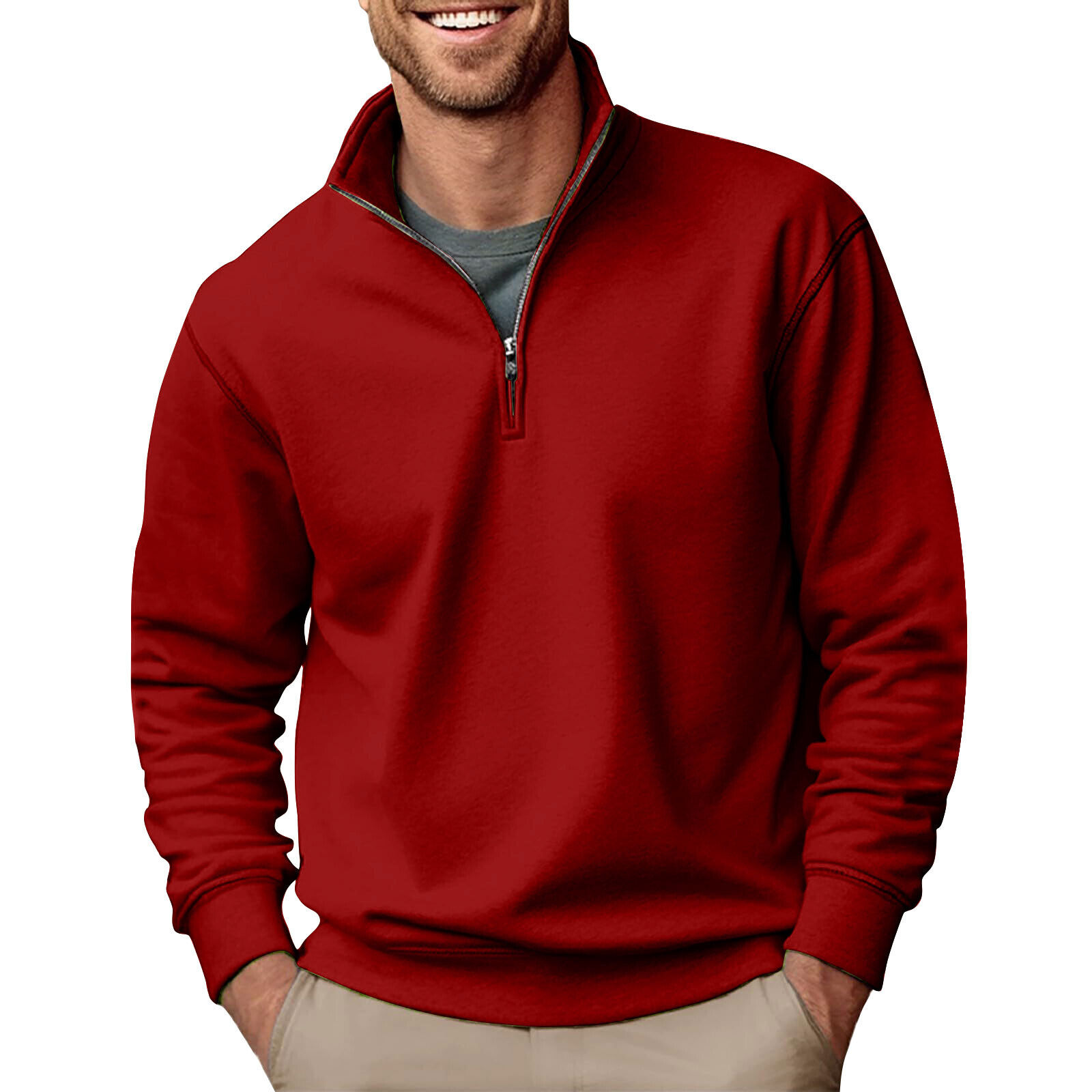 Men's Quarter Zip Pullover Long Sleeve Sweatshirts Mock Neck Cotton Solid Shirts - Picture 40 of 54