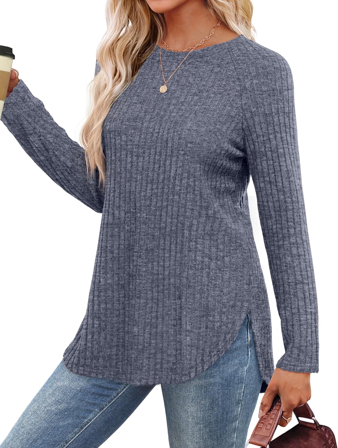 Long Sleeve Shirts Tops for Women Loose Fit Dressy Crew Neck Pullover Sweaters - Picture 126 of 144