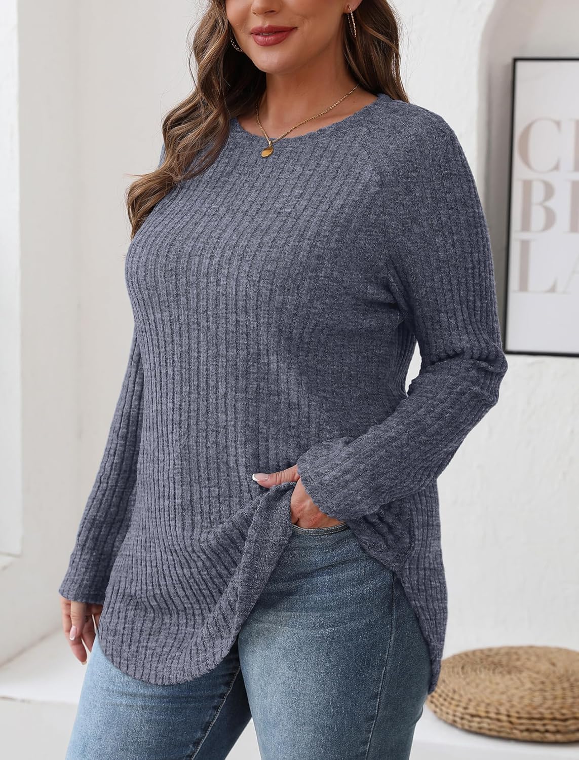 Long Sleeve Shirts Tops for Women Loose Fit Dressy Crew Neck Pullover Sweaters - Picture 128 of 144