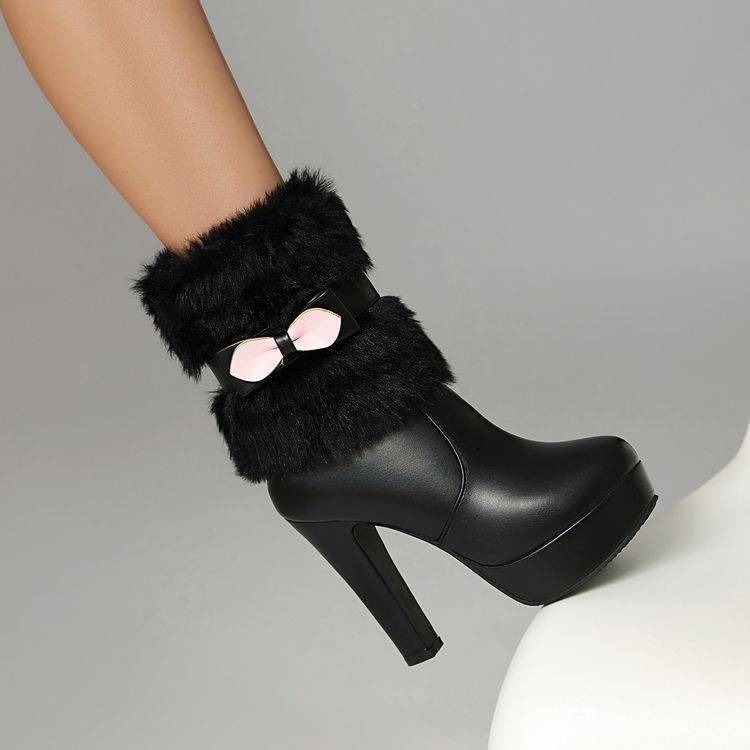 Bowtie Princess Booties Womens High Heels Platform Ankle Boots Furry Shoes Party