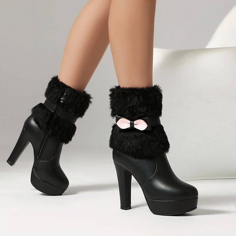 Bowtie Princess Booties Womens High Heels Platform Ankle Boots Furry Shoes Party