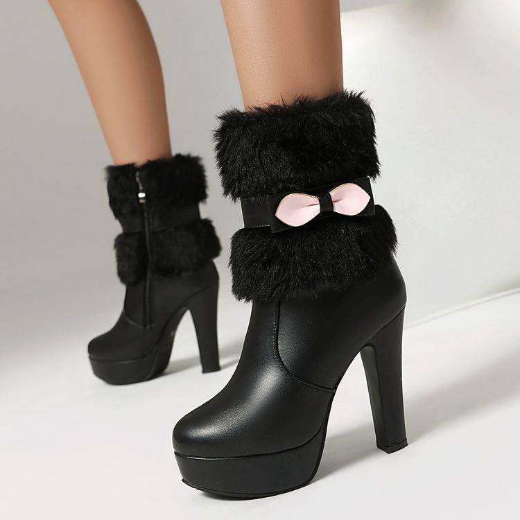 Bowtie Princess Booties Womens High Heels Platform Ankle Boots Furry Shoes Party