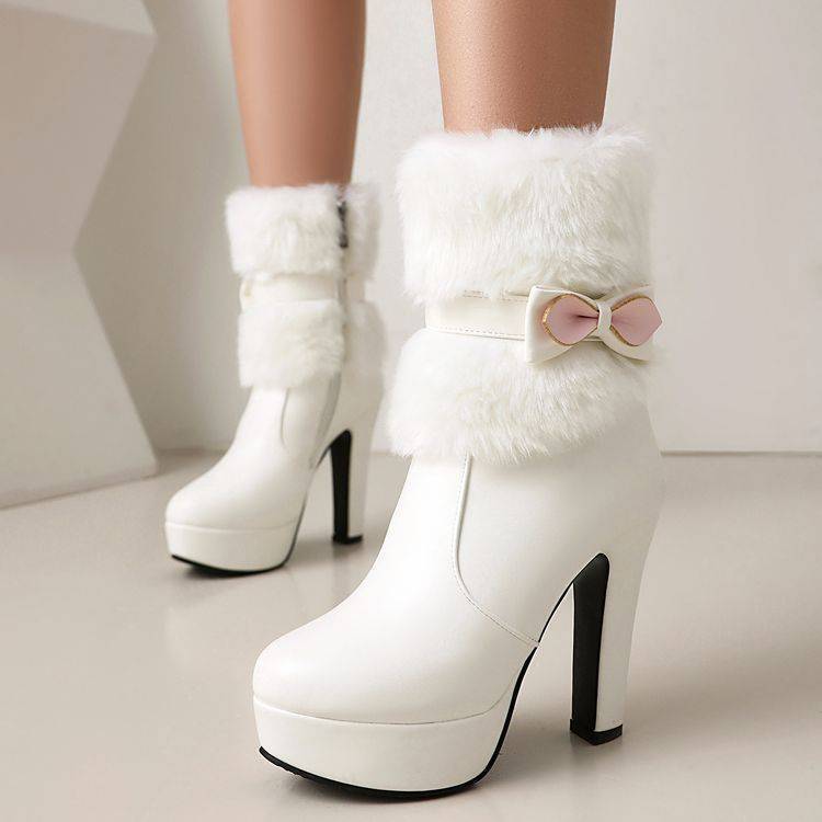 Bowtie Princess Booties Womens High Heels Platform Ankle Boots Furry Shoes Party