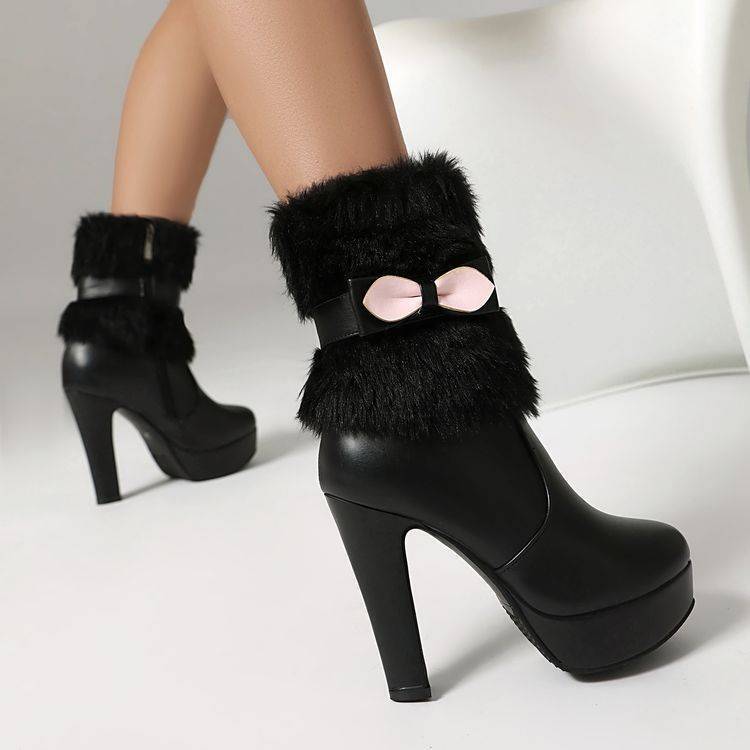 Bowtie Princess Booties Womens High Heels Platform Ankle Boots Furry Shoes Party