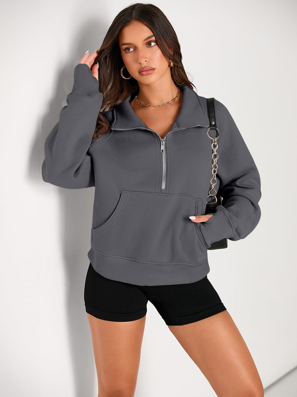 Womens Sweatshirts Half Zip Cropped Pullover Fleece Hoodies Outfits Clothes - Picture 62 of 216