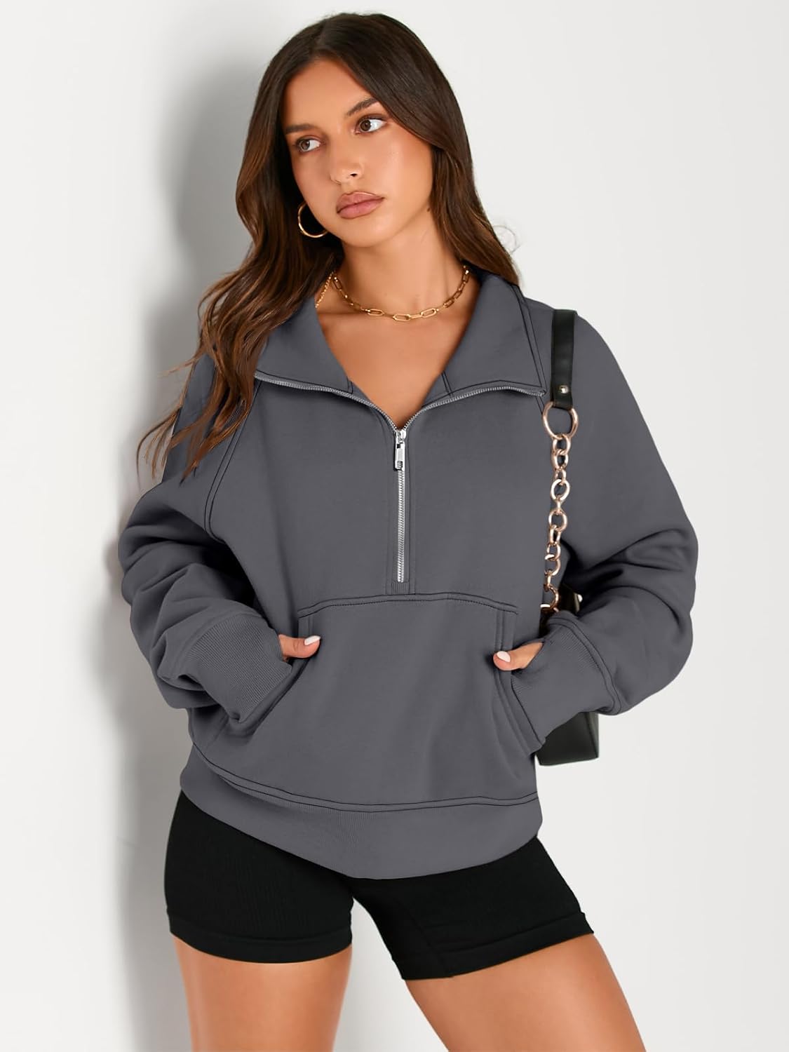 Womens Sweatshirts Half Zip Cropped Pullover Fleece Hoodies Outfits Clothes - Picture 63 of 216