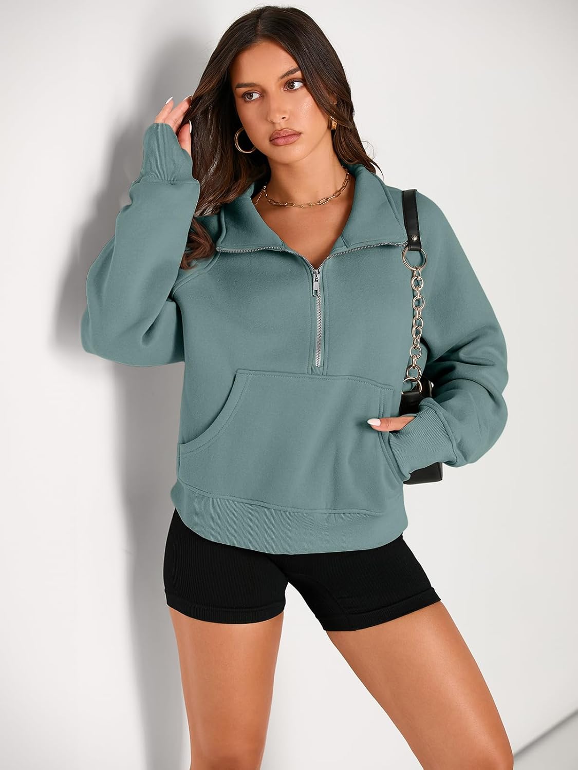Womens Sweatshirts Half Zip Cropped Pullover Fleece Hoodies Outfits Clothes - Picture 74 of 216
