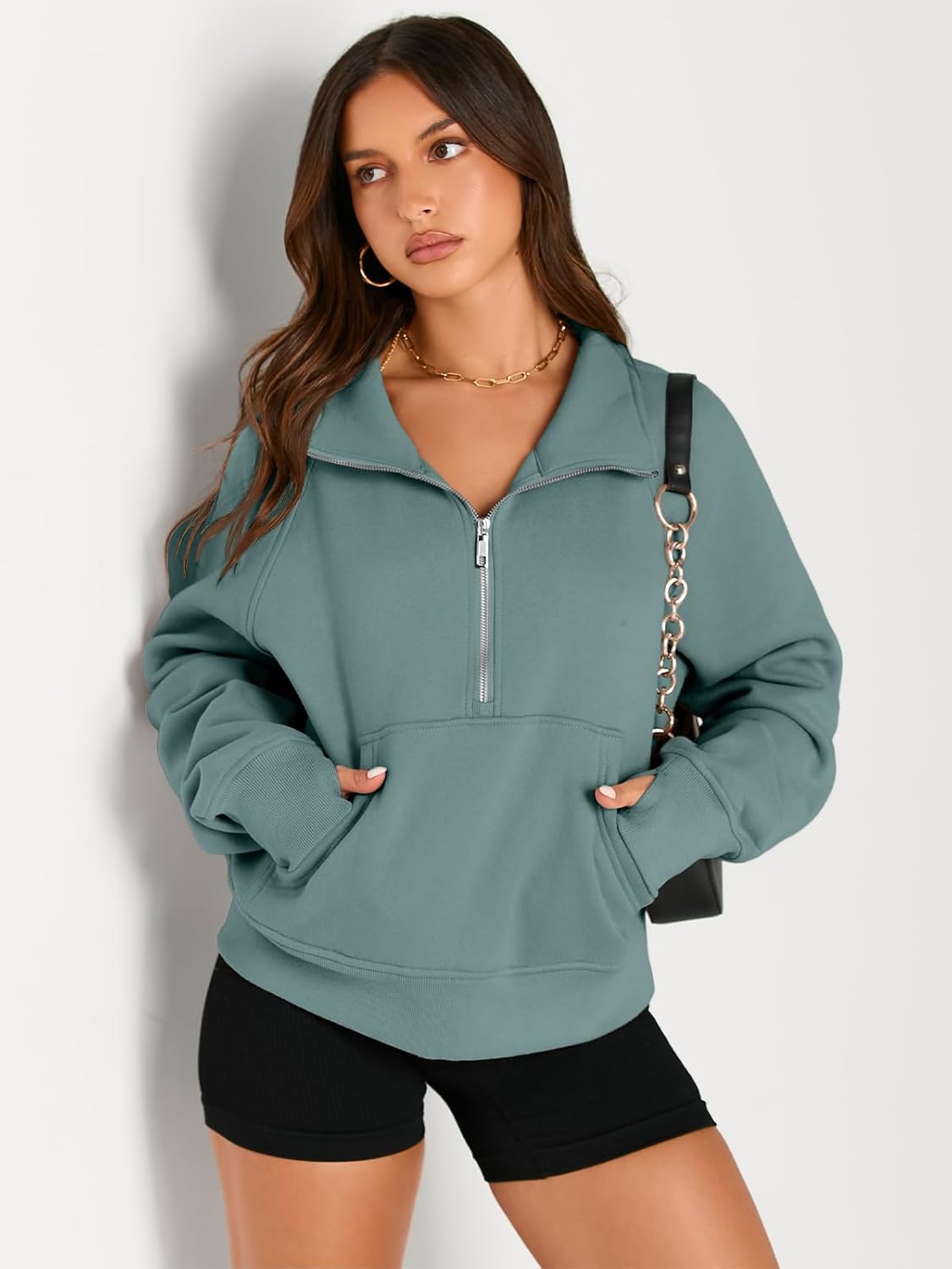 Womens Sweatshirts Half Zip Cropped Pullover Fleece Hoodies Outfits Clothes - Picture 75 of 216