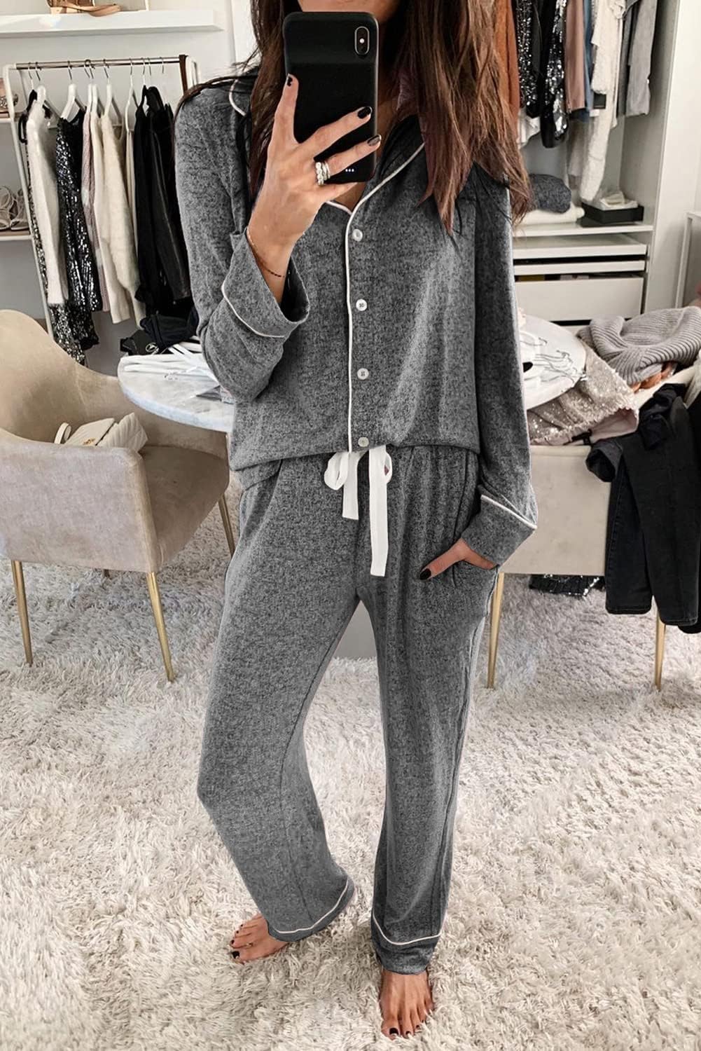 Women's Pajama Sets Long Sleeve Button Down Sleepwear Nightwear Soft Lounge Sets - Picture 39 of 169