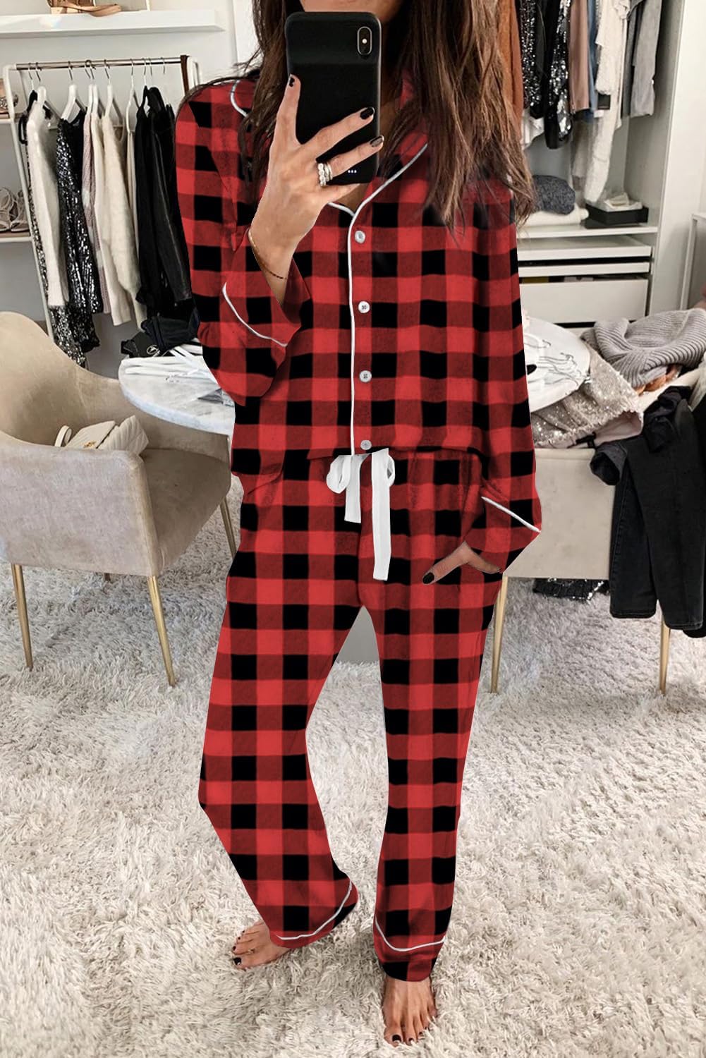 Women's Pajama Sets Long Sleeve Button Down Sleepwear Nightwear Soft Lounge Sets - Picture 51 of 169