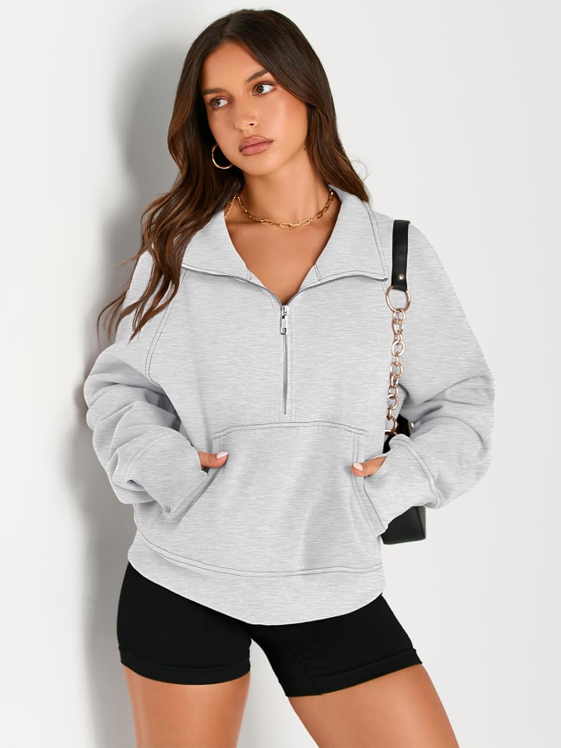 Womens Sweatshirts Half Zip Cropped Pullover Fleece Hoodies Outfits Clothes - Picture 171 of 216
