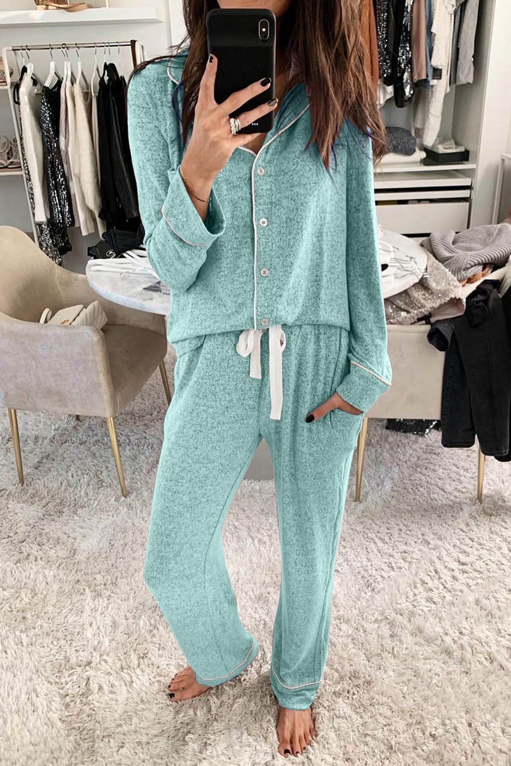 Women's Pajama Sets Long Sleeve Button Down Sleepwear Nightwear Soft Lounge Sets - Picture 75 of 169