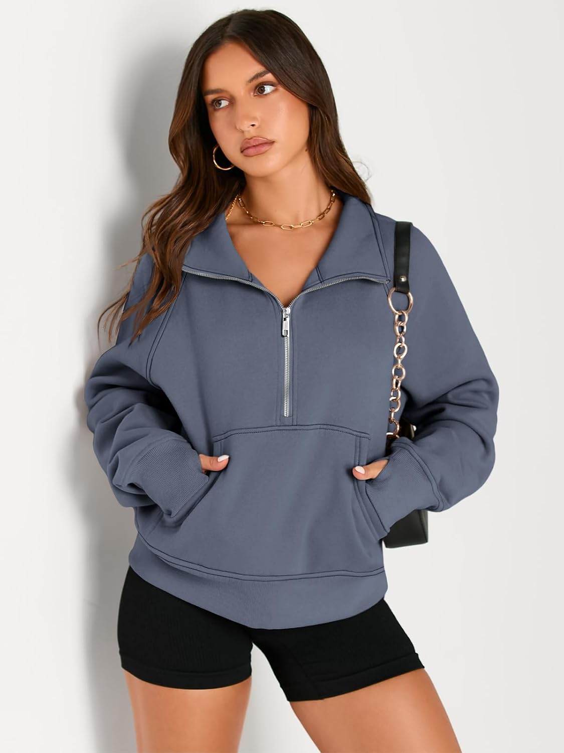 Womens Sweatshirts Half Zip Cropped Pullover Fleece Hoodies Outfits Clothes - Picture 183 of 216