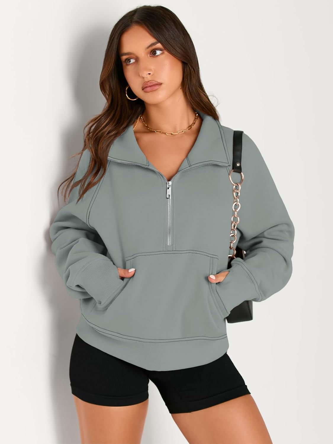 Womens Sweatshirts Half Zip Cropped Pullover Fleece Hoodies Outfits Clothes - Picture 189 of 216