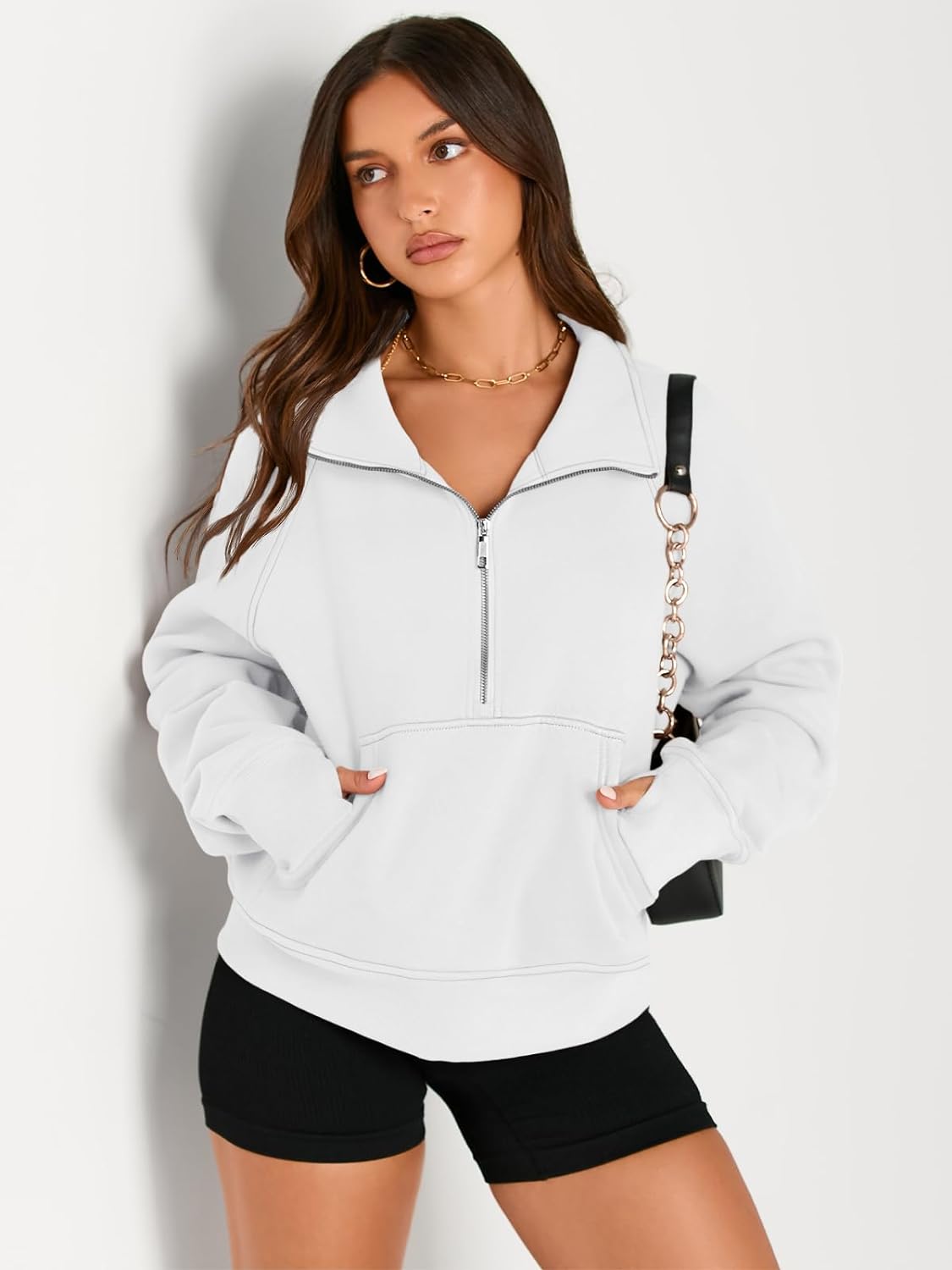 Womens Sweatshirts Half Zip Cropped Pullover Fleece Hoodies Outfits Clothes - Picture 195 of 216