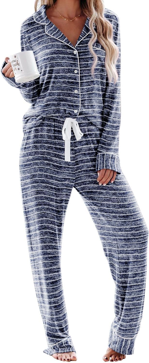 Women's Pajama Sets Long Sleeve Button Down Sleepwear Nightwear Soft Lounge Sets - Picture 86 of 169