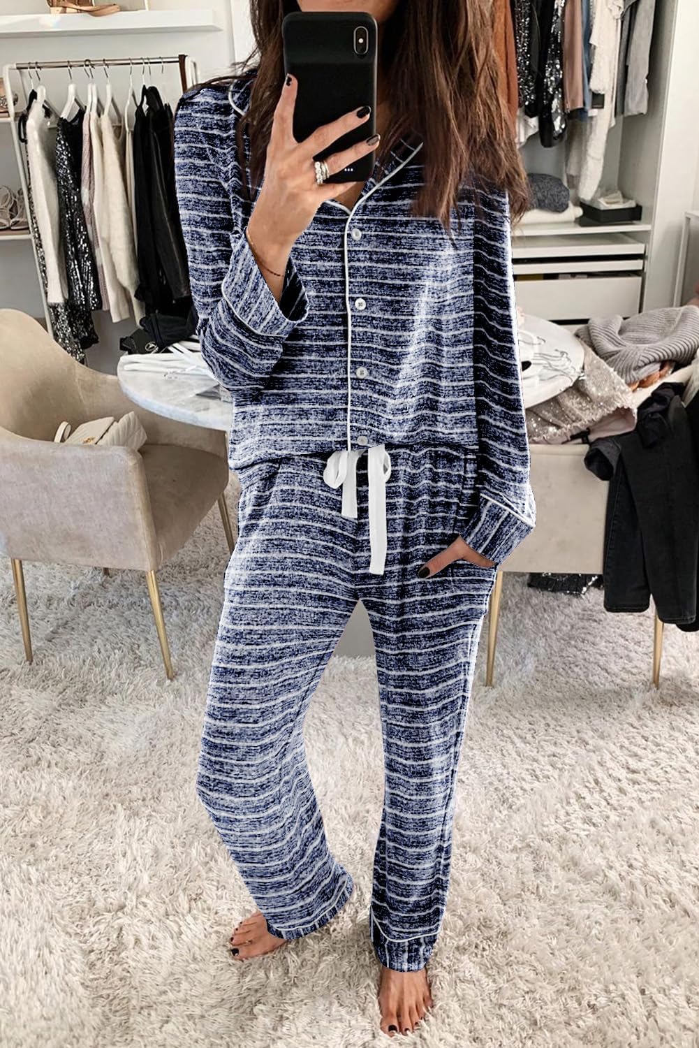 Women's Pajama Sets Long Sleeve Button Down Sleepwear Nightwear Soft Lounge Sets - Picture 87 of 169