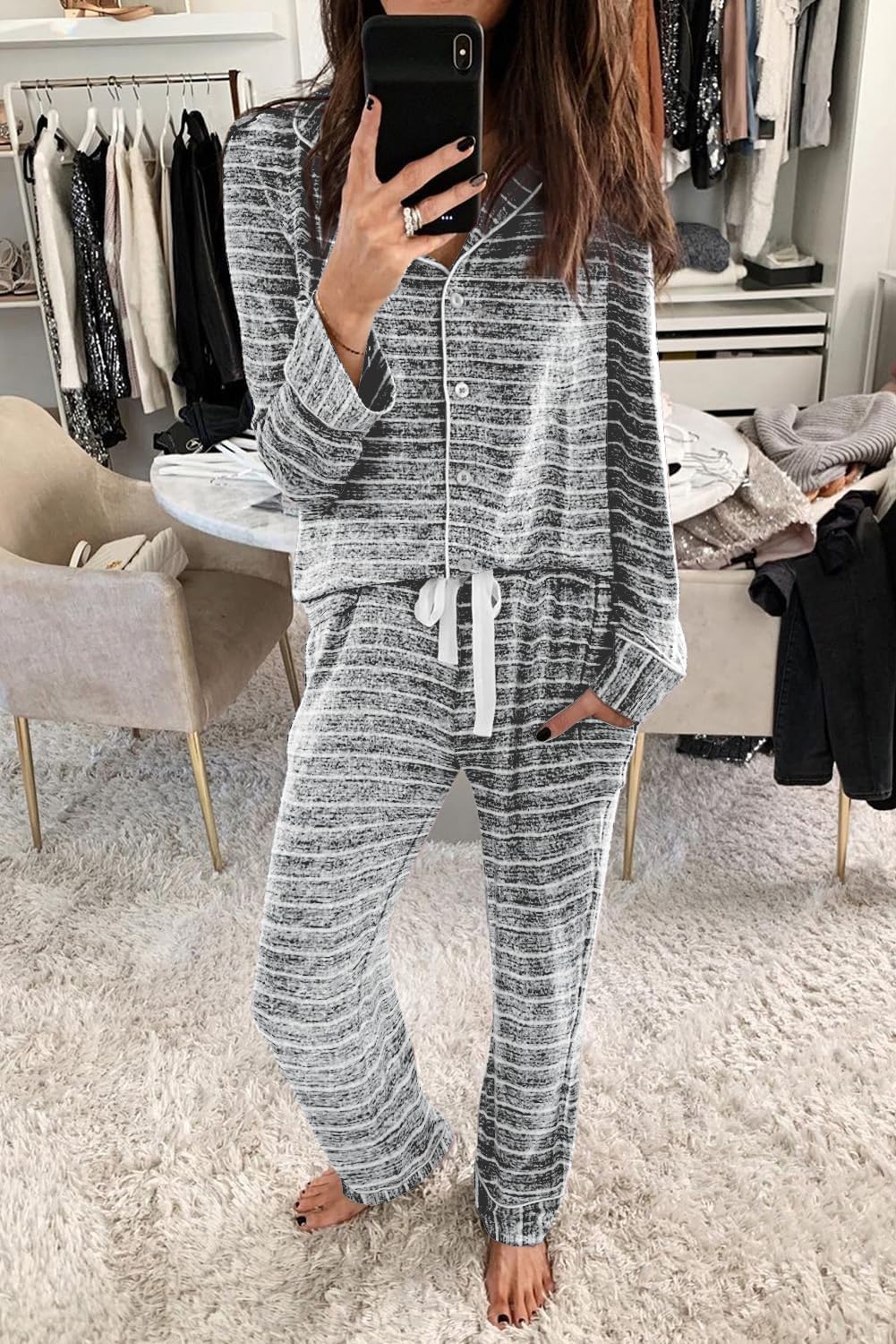 Women's Pajama Sets Long Sleeve Button Down Sleepwear Nightwear Soft Lounge Sets - Picture 93 of 169