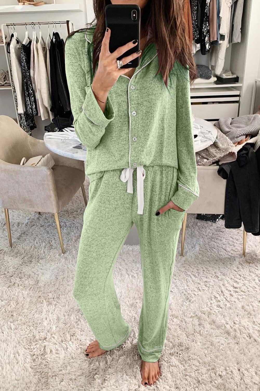 Women's Pajama Sets Long Sleeve Button Down Sleepwear Nightwear Soft Lounge Sets - Picture 121 of 169