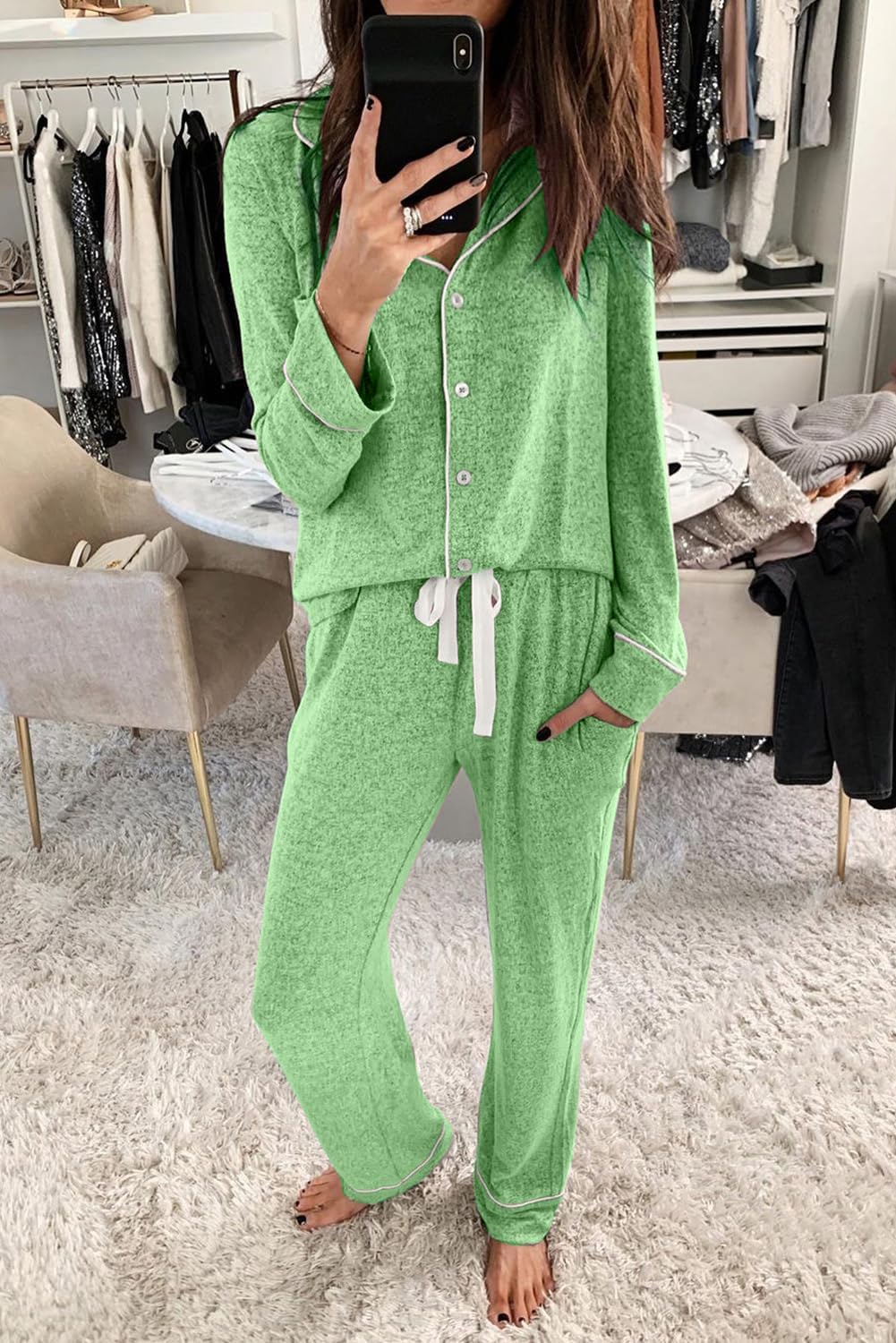 Women's Pajama Sets Long Sleeve Button Down Sleepwear Nightwear Soft Lounge Sets - Picture 133 of 169