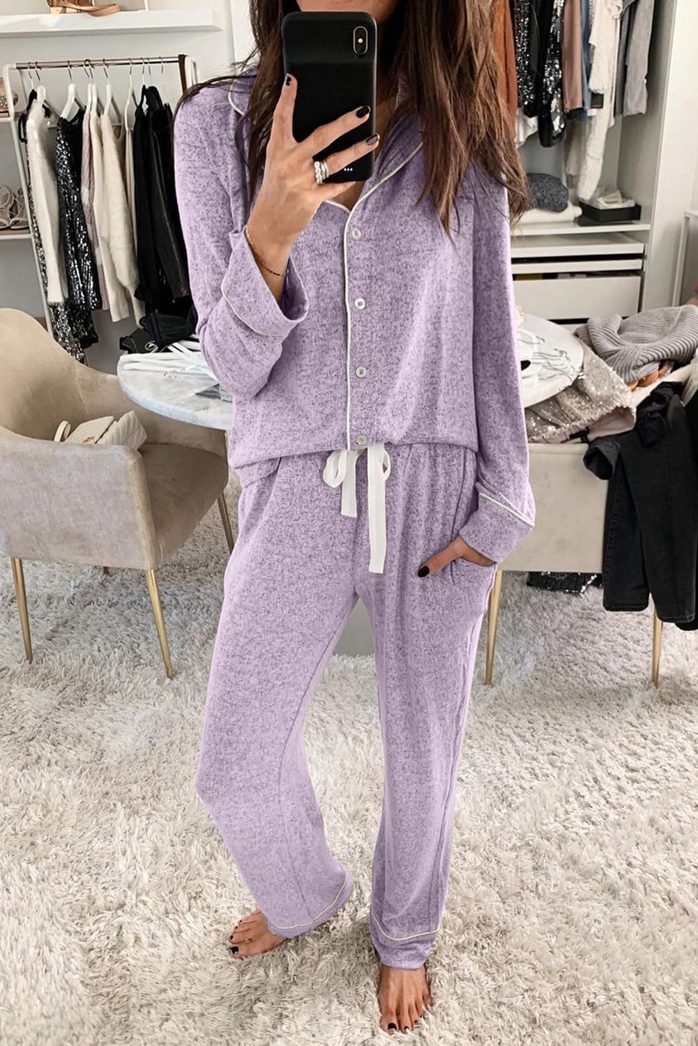 Women's Pajama Sets Long Sleeve Button Down Sleepwear Nightwear Soft Lounge Sets - Picture 140 of 169