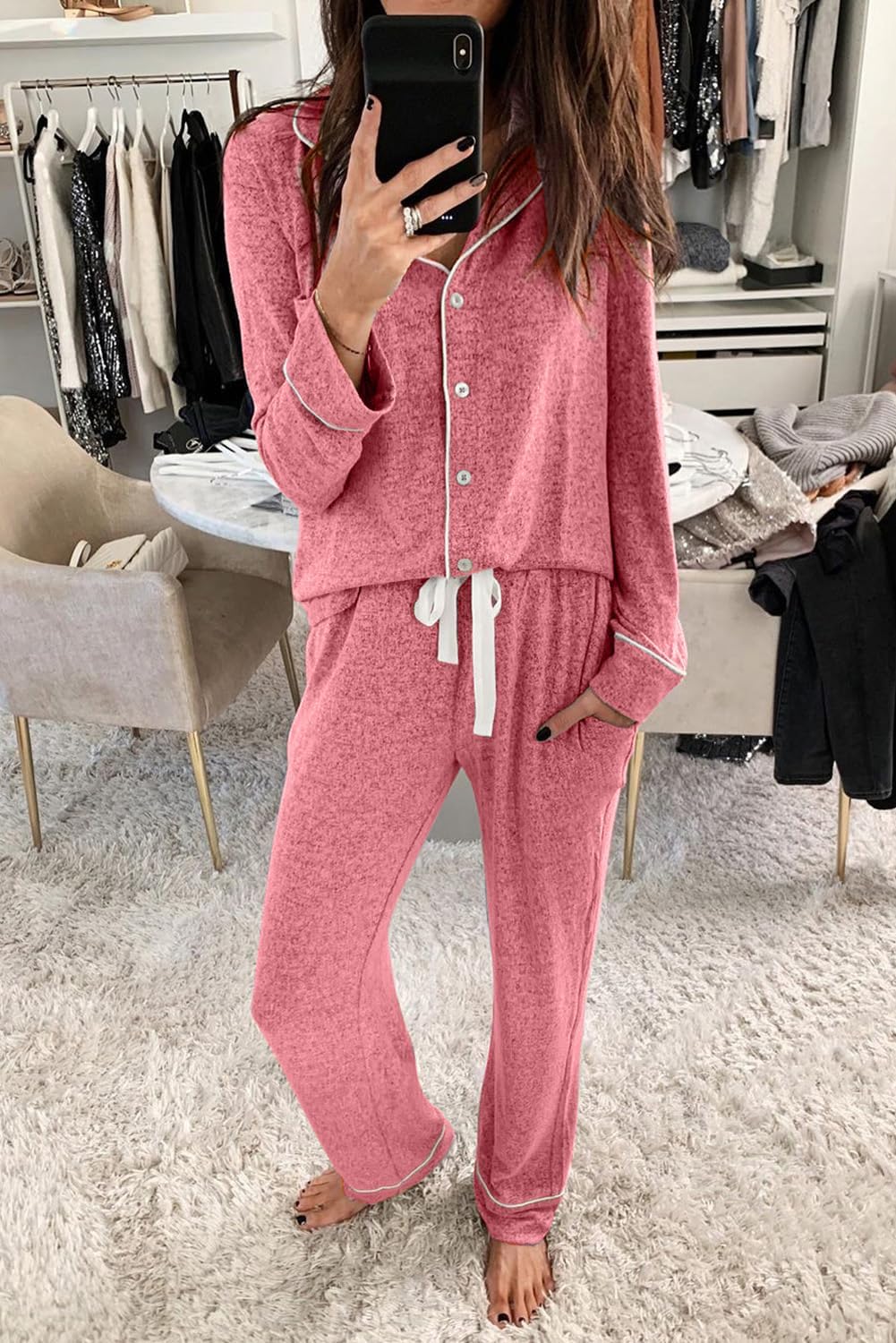 Women's Pajama Sets Long Sleeve Button Down Sleepwear Nightwear Soft Lounge Sets - Picture 146 of 169