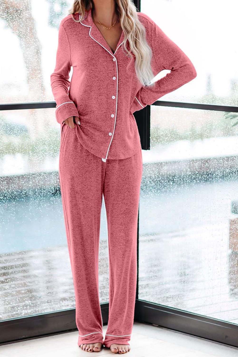 Women's Pajama Sets Long Sleeve Button Down Sleepwear Nightwear Soft Lounge Sets - Picture 147 of 169