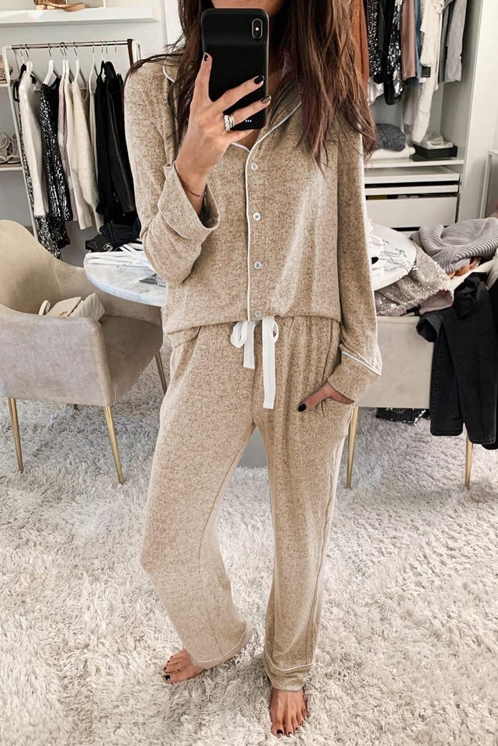 Women's Pajama Sets Long Sleeve Button Down Sleepwear Nightwear Soft Lounge Sets - Picture 153 of 169