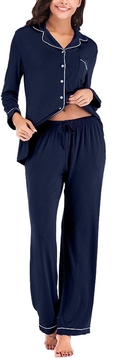 Women's Pajama Sets Long Sleeve Button Down Sleepwear Nightwear Soft Lounge Sets - Picture 167 of 169