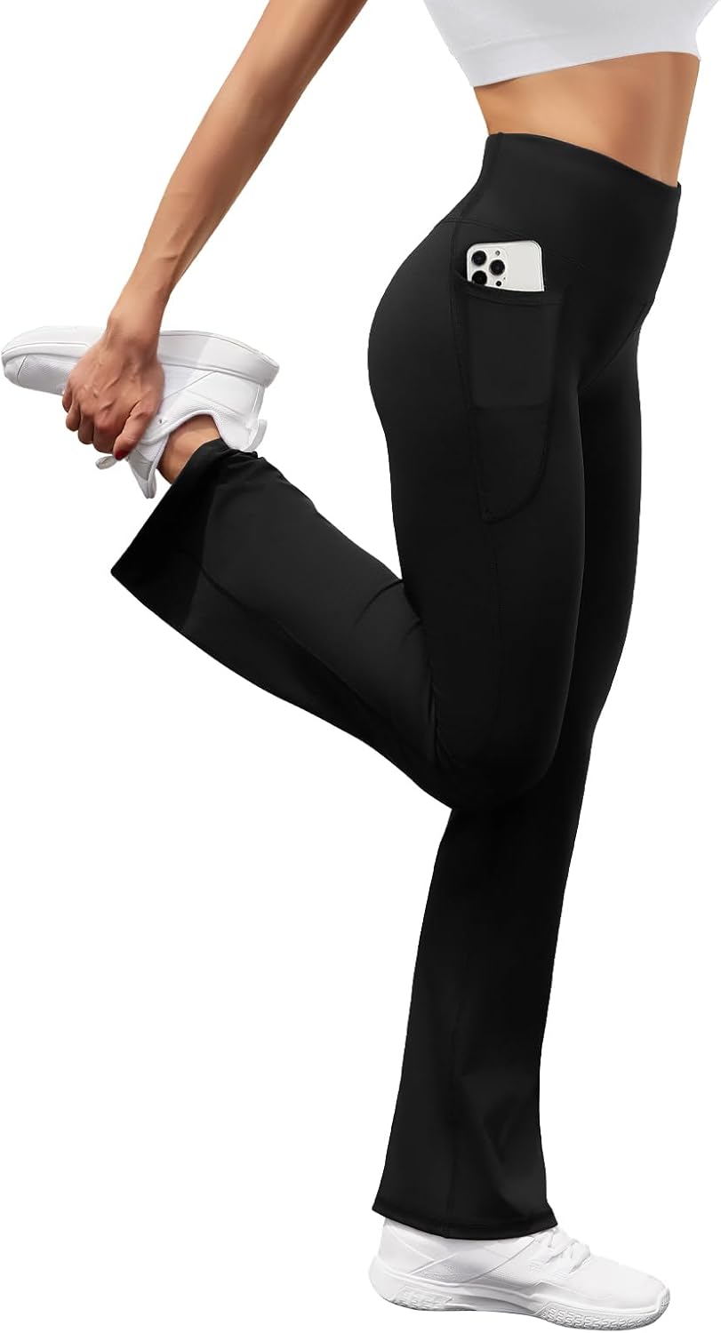 Women's High Waist Flare Yoga Pants Casual Bootcut Leggings with Side Pockets - Picture 28 of 80