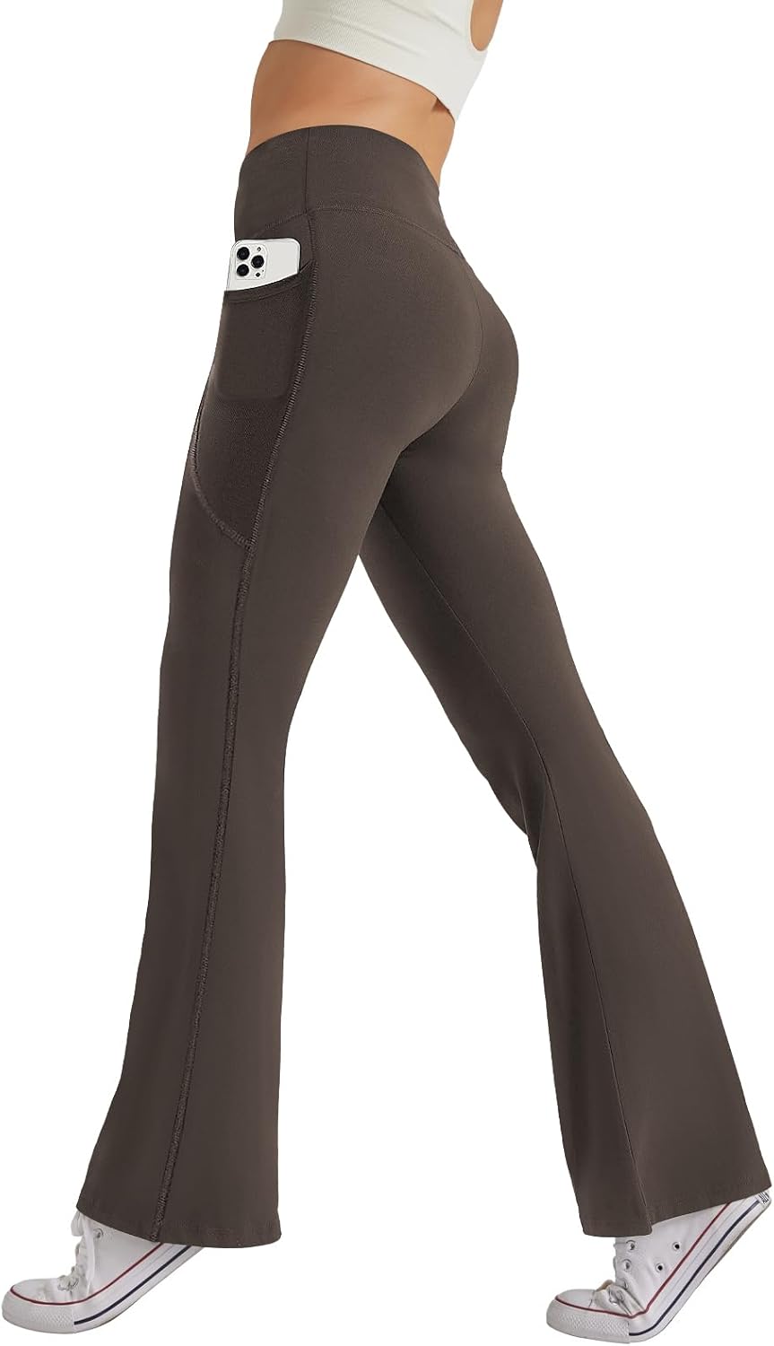 Women's High Waist Flare Yoga Pants Casual Bootcut Leggings with Side Pockets - Picture 32 of 80