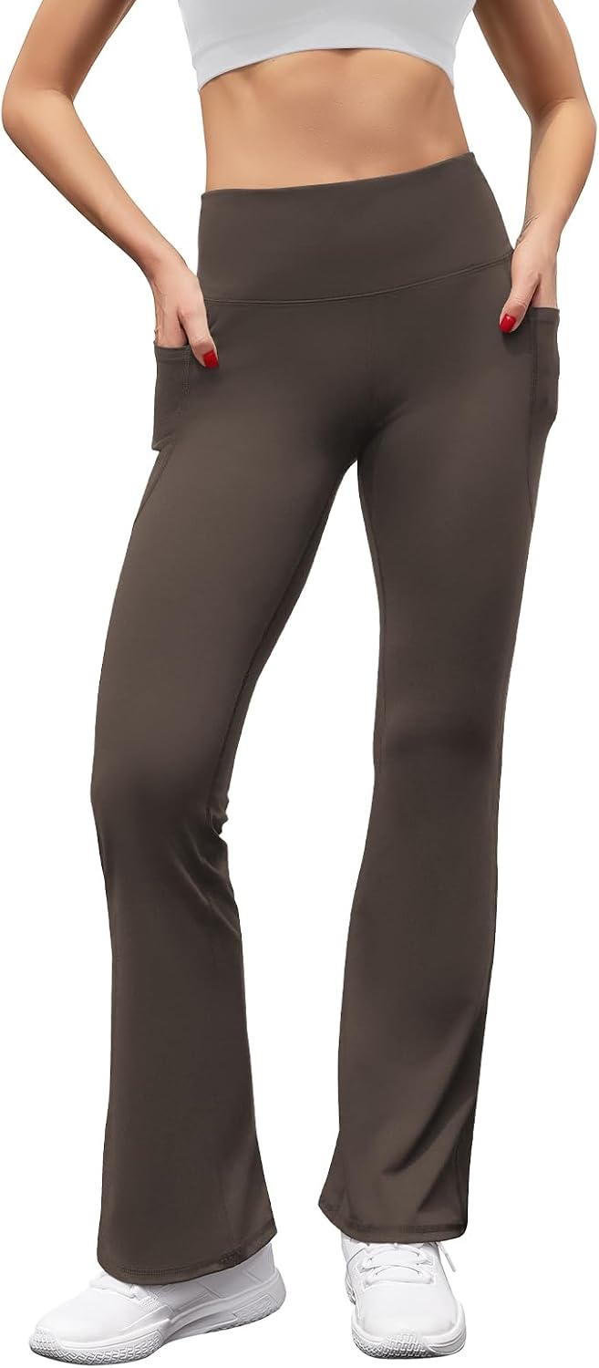 Women's High Waist Flare Yoga Pants Casual Bootcut Leggings with Side Pockets - Picture 34 of 80