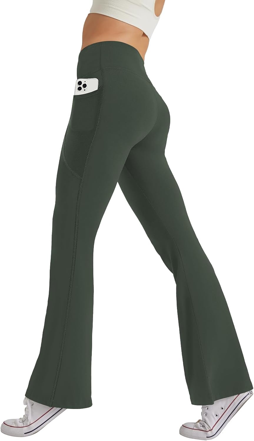Women's High Waist Flare Yoga Pants Casual Bootcut Leggings with Side Pockets - Picture 39 of 80
