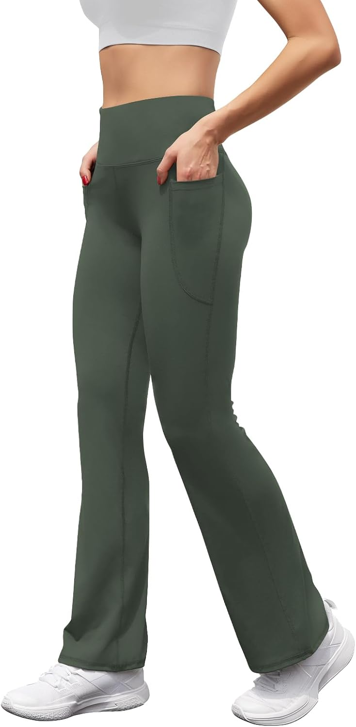Women's High Waist Flare Yoga Pants Casual Bootcut Leggings with Side Pockets - Picture 40 of 80