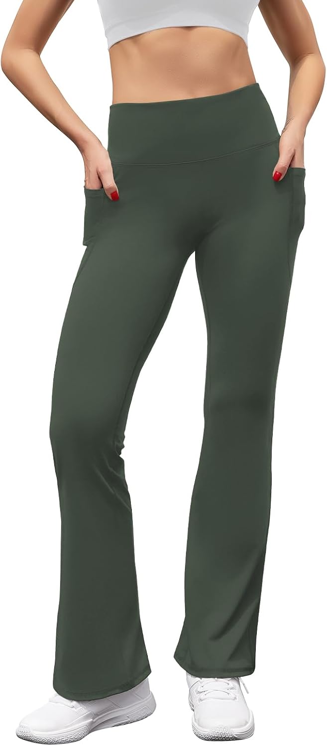 Women's High Waist Flare Yoga Pants Casual Bootcut Leggings with Side Pockets - Picture 41 of 80